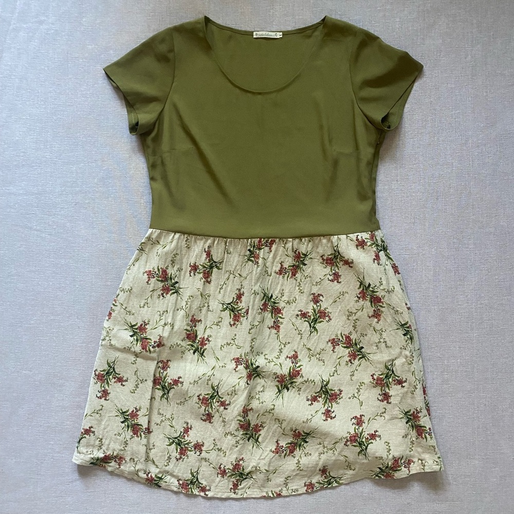Sietedelance olive green floral retro tea dress coquette cottagecore size L